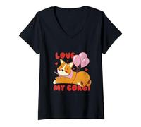 Mujer Cute Corgi Dog Lover Design with Balloons and Hearts Camiseta Cuello V
