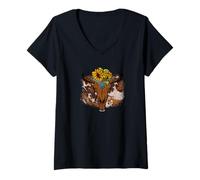 Mujer Cute Cow Print Decor Sunflower Country Boho Western Bull Camiseta Cuello V