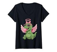 Mujer Cute Dinosaur Angel Valentine's Day Gum Love Camiseta Cuello V