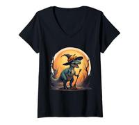 Mujer Cute Dinosaur Witch Pumpkins Halloween Family Matching Boys Camiseta Cuello V