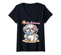 Mujer Cute Dog Eating Ice Cream Summer Happy Puppy Hello Summer Camiseta Cuello V