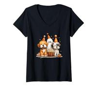 Mujer Cute Dogs Ghost Popcorn Fiesta de Halloween Camiseta Cuello V