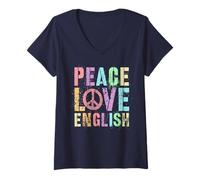 Mujer Cute ELA Profesor PAZ AMOR INGLÉS Biblioteca Gramática Policía Camiseta Cuello V