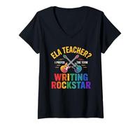 Mujer Cute ELA Teacher WRITING ROCKSTAR La lectura gramática es mi atasco Camiseta Cuello V