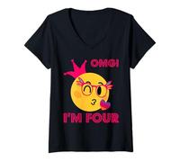 Mujer Cute Face 4th Birthday Girl's Camiseta Cuello V