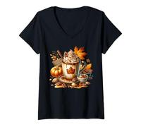 Mujer Cute Fall Drinking Mugs For Autumn Women Maple Pecan Coffee Camiseta Cuello V