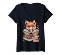 Mujer Cute Fox Read Books Stay Weird Cottagecore Reader Estética Camiseta Cuello V