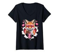 Mujer Cute Fox with Hearts and Chocolate Valentine Camiseta Cuello V