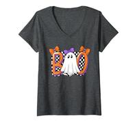Mujer Cute Ghost Boo Halloween Girl - Retro Checered Spooky Women Camiseta Cuello V