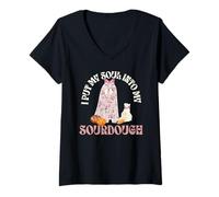 Mujer Cute Ghost Bread Era I Put My Soul In My Sourdough Starter Camiseta Cuello V