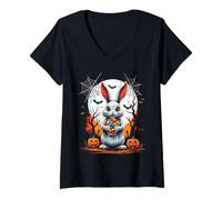 Mujer Cute Ghost Bunny with Candy Spooky Ghost Halloween Costume Camiseta Cuello V