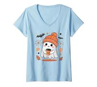 Mujer Cute Ghost Drinking Coffee Halloween Ghost Ice Coffee Womens Camiseta Cuello V
