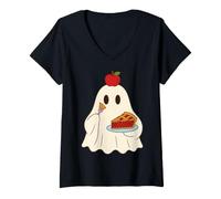 Mujer Cute Ghost Eating Pie Halloween Fall Autumn Apple Lover Camiseta Cuello V