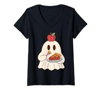 Mujer Cute Ghost Eating Pie Halloween Fall Autumn Apple Lover Camiseta Cuello V