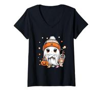 Mujer Cute Ghost Fall Halloween Spooky Coffee Pumpkin Thanksgiving Camiseta Cuello V