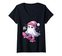 Mujer Cute Ghost Hey Boo! Christmas Lights Skateboard Ghost Kid Camiseta Cuello V