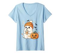 Mujer Cute Ghost Pumpkin Spice Latte Temporada de otoño Camiseta Cuello V