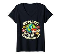 Mujer Cute Go Planet It's Your Earth Day 2026 Teacher Kids Groovy Camiseta Cuello V