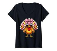 Mujer Cute Gobble Pink Bow Turkey Girls Toddler Fall Thanksgiving Camiseta Cuello V