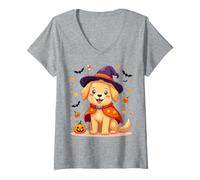 Mujer Cute Halloween Witch Dog Pumpkin Bats Camiseta Cuello V