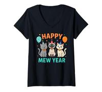 Mujer Cute Happy Mew Year 2026 Cat Party for Cat Dad Mom Kids Meow Camiseta Cuello V