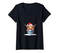 Mujer Cute Highland Cow in Santa Hat Country Heifer Farm Farmer Camiseta Cuello V