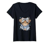 Mujer Cute Highland Cow with Blue Bow Winter Snowflake Design Camiseta Cuello V