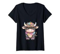Mujer Cute Highland Cow with Rainbow Horns Kawaii Baby Cow Flower Camiseta Cuello V