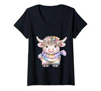 Mujer Cute Highland Cow with Rainbow Scarf - Kawaii Baby Cow Camiseta Cuello V