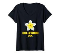 Mujer Cute Hollywood USA Tropical Yellow Frangipani Aesthetic Art Camiseta Cuello V