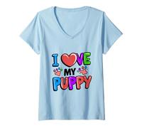 Mujer Cute I Love My Puppy Fun for Dog Moms Dads Juguetón Novedad Camiseta Cuello V