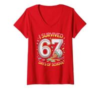 Mujer Cute I SOBREVIVED 67 DÍAS DE Escuela Humor 6 7 Bruh Gen Alpha Z Camiseta Cuello V