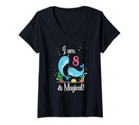 Mujer Cute Kawaii Cartoon Girls I Am 8 & Magical Narwhal Birthday Camiseta Cuello V