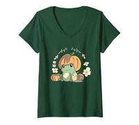 Mujer Cute Kawaii Fall Cottagecore Aesthetic Frog with Pumpkin Camiseta Cuello V