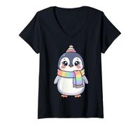 Mujer Cute Kawaii Penguin Rainbow Beanie Scarf Winter Camiseta Cuello V