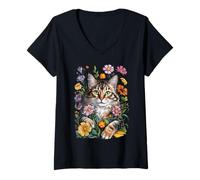 Mujer Cute Kitten Cat Flower Floral Garden Camiseta Cuello V