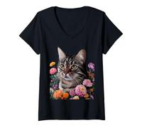 Mujer Cute Kitten Cat Flower Floral Garden Camiseta Cuello V