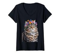 Mujer Cute Kitten Cat Flower Floral Garden Camiseta Cuello V