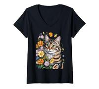 Mujer Cute Kitten Cat Flower Floral Garden Camiseta Cuello V