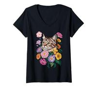 Mujer Cute Kitten Cat Flower Floral Garden Camiseta Cuello V