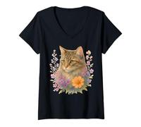 Mujer Cute Kitten Cat Flower Floral Garden Camiseta Cuello V