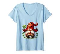 Mujer Cute Ladybug GNOME For Lucky Moms with Cloverleaf Shamrock Camiseta Cuello V