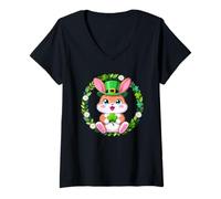 Mujer Cute Lucky Bunny with Clover St Patrick Shamrock Rabbit Camiseta Cuello V