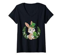 Mujer Cute Lucky Bunny with Clover St Patrick Shamrock Rabbit Camiseta Cuello V