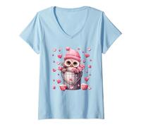 Mujer Cute Owl In Valentines Basket For Girls Women Pink Roses Camiseta Cuello V