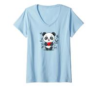 Mujer Cute Panda Love Hearts Animal Black and White Camiseta Cuello V