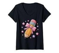 Mujer Cute Pencil Crayon First Day of School Camiseta Cuello V
