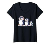 Mujer Cute Penguin Family Walking Winter Cartoon Camiseta Cuello V