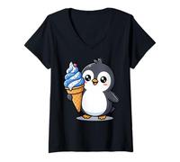 Mujer Cute Penguin Holding Ice Cream Cone Cartoon Camiseta Cuello V