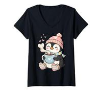 Mujer Cute Penguin Hot Cocoa Winter Beanie Scarf Socks Camiseta Cuello V